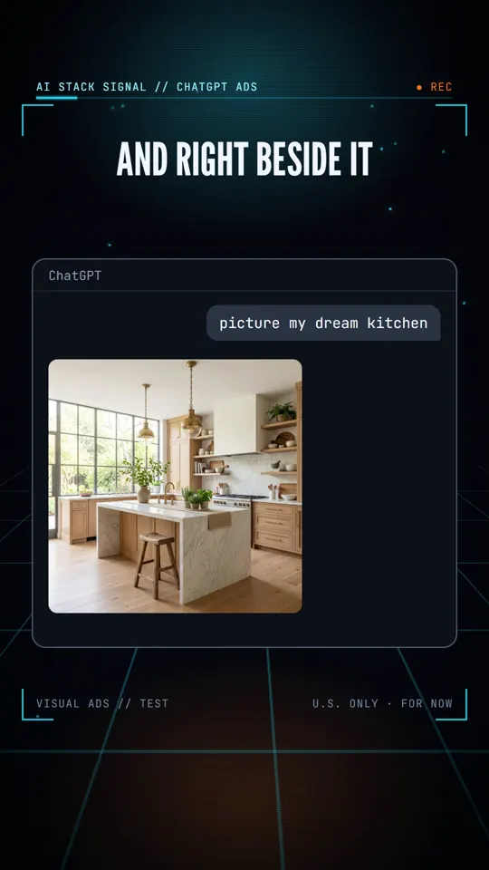 Frame from the AI Stack Signal reel: ChatGPT is testing ads next to image generation. Get ready