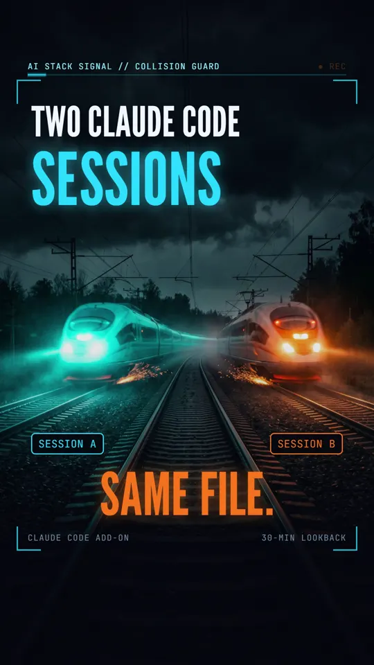 Frame from the AI Stack Signal reel: Two AI agents, one file. Collision Guard stops the crash