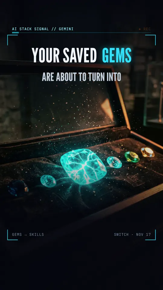 Frame from the AI Stack Signal reel: Google is destroying Gems. Gemini Skills replace them