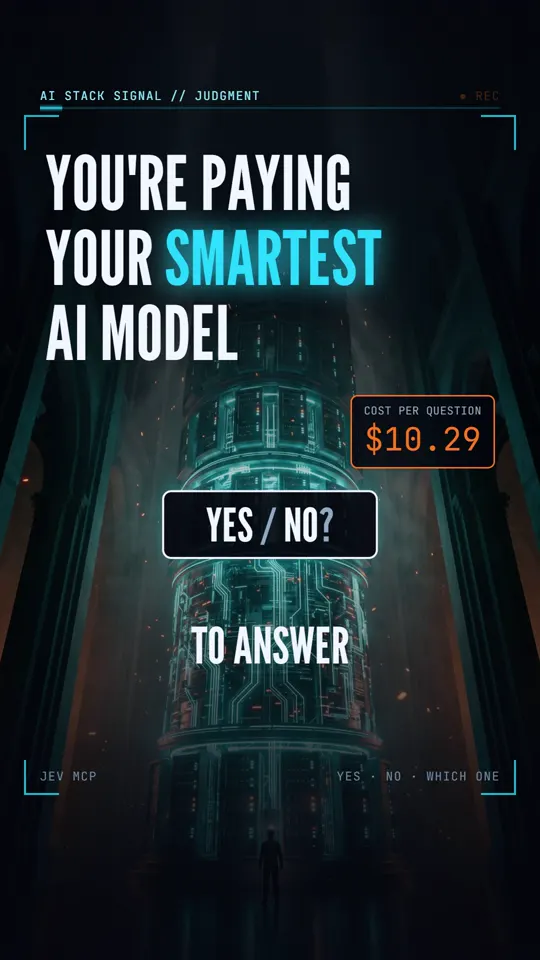 Frame from the AI Stack Signal reel: Jev: stop paying your smartest AI to answer yes or no